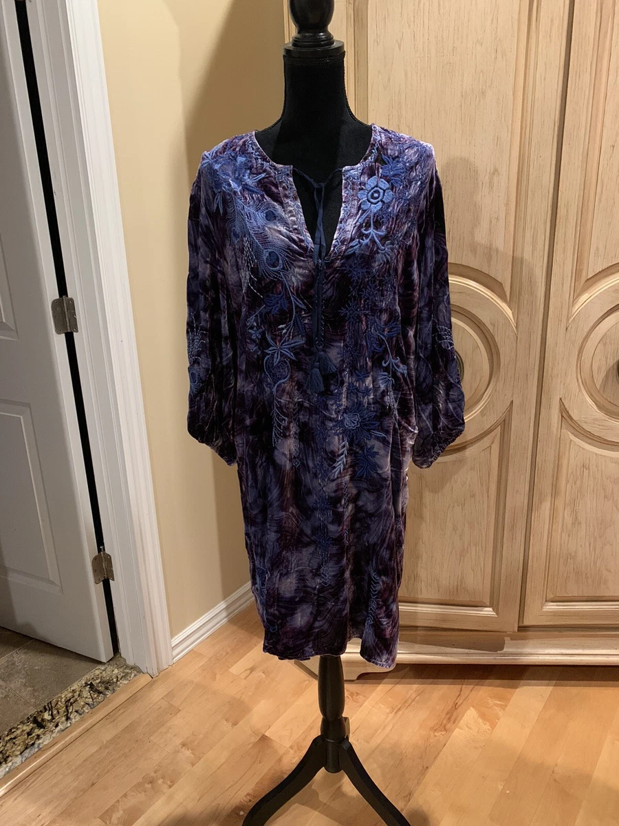 Johnny Was JWLA Blue Azure Velvet Embroidered Relaxed Dress Size