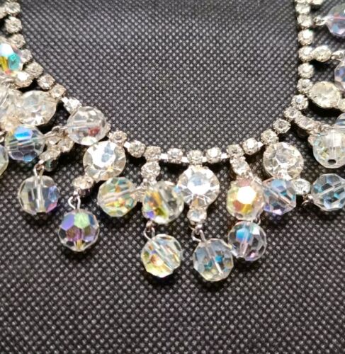 Vintage Tested Clear And Aurora Borealis Crystal Silver Tone Necklace - Picture 2 of 6