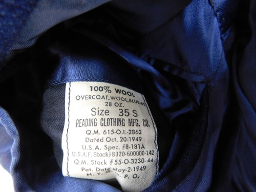 1949 US Air Force Blue Wool Classic Overcoat Trench Coat Mens 35S First Ed USAF - Picture 19 of 19