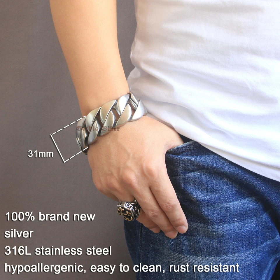 Super Heavy 31mm Wide Men Brushed Cuban Curb Chain 316L Stainless Steel Bracelet - Image 2 of 4