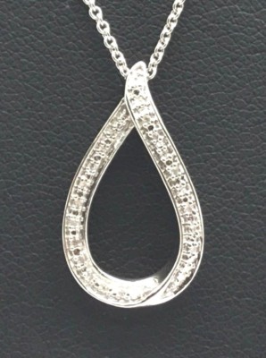 Sterling Silver 925 Fancy Diamond Pave Pear Shape Swirl Elegant Pendant Necklace