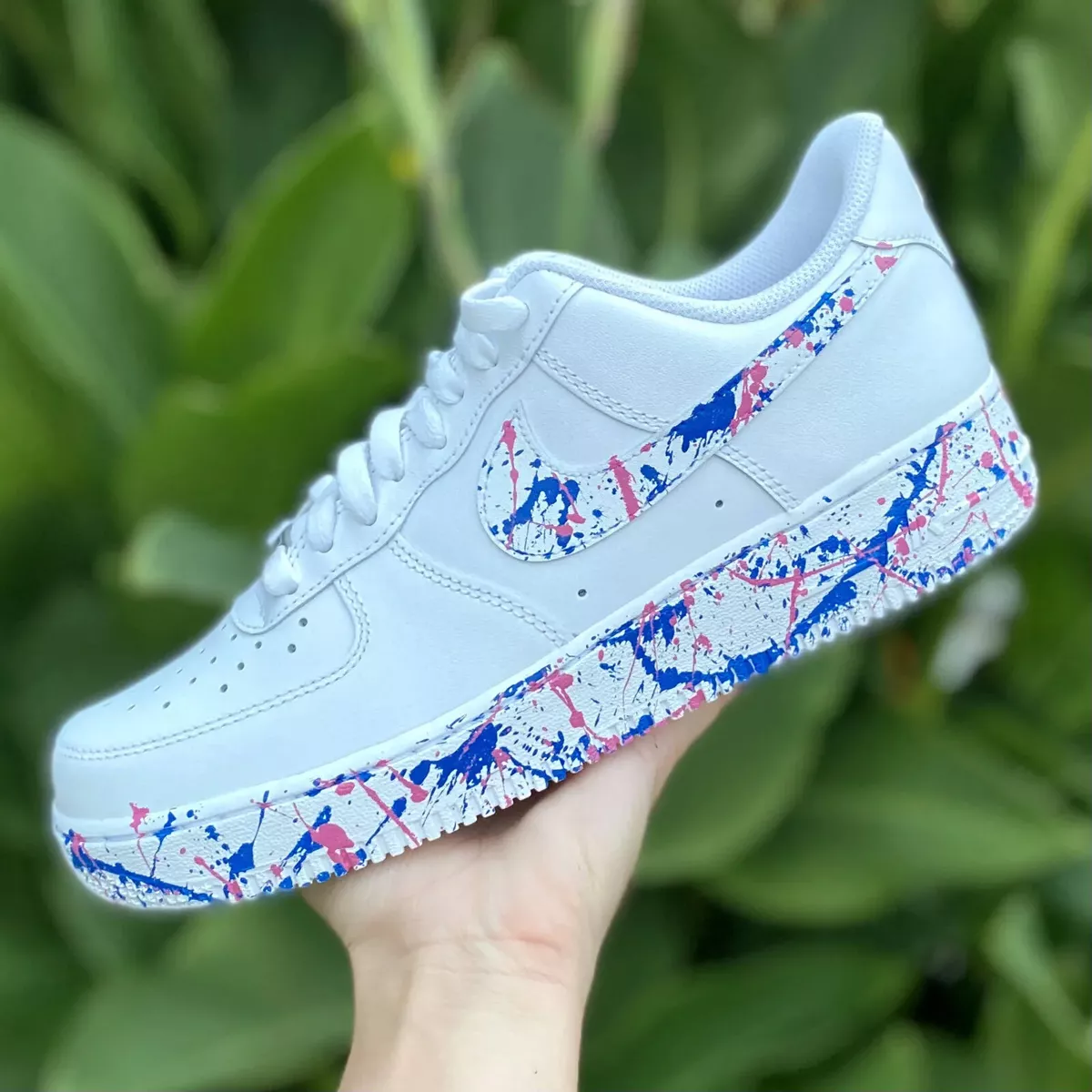 Air Force 1 One Custom White Shoes Dazzling Blue Pink Splatter Swoosh Sole