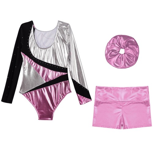 Kids Girls Outfit Metallic Set Rhinestones Dancewear Shiny Round Neckline Dance - Picture 34 of 53