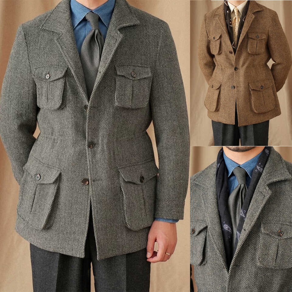 Men's Business Tweed Jacket Single Breasted Herringbone