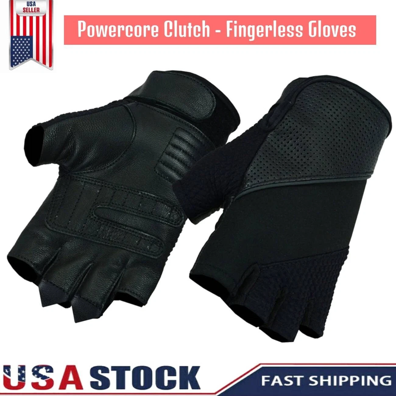 Genuine Motorcycle Biker Black Textile Gloves For Men Fingerles Vintage Gauntlet