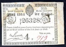 ANTILLAS 1842 Lotería 4 to.  del billete Nº 26328 Sorteo 353 -2/06/1842