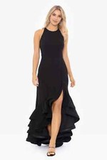 NWT Betsy  Adam Scuba Crepe Ruffle Slit Bottom Gown Womens Black Size 6P