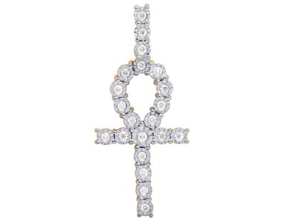 Real 10K Yellow Gold Genuine Diamond Miracle Set Ankh Cross Pendant 0.35 Ct 1.5''