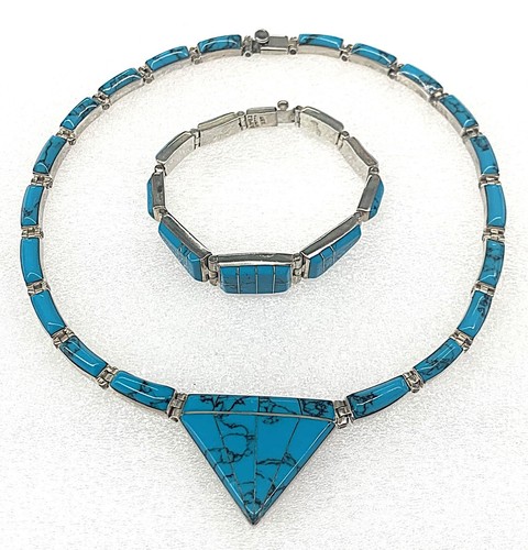 Choker Necklace & Bracelet Set Mexico TN-62 Taxco .950 Silver Inlay Multi Stone - Picture 13 of 13