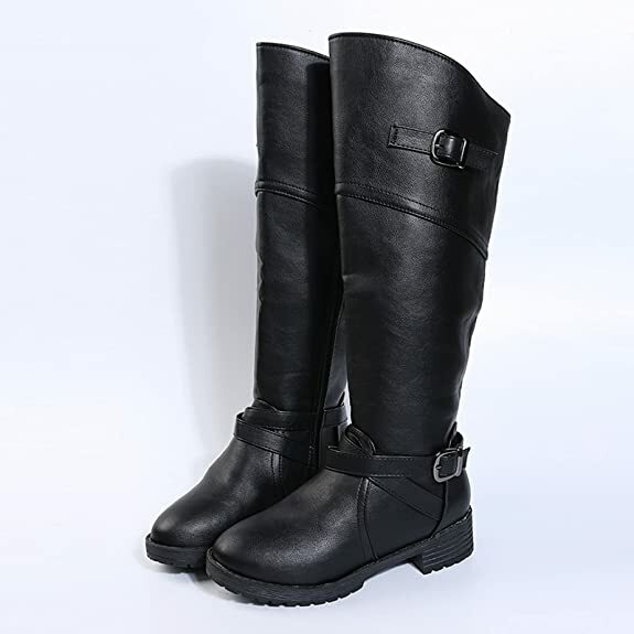 Women' Zip Knee High Riding Boots Buckle Chunky Low Heels