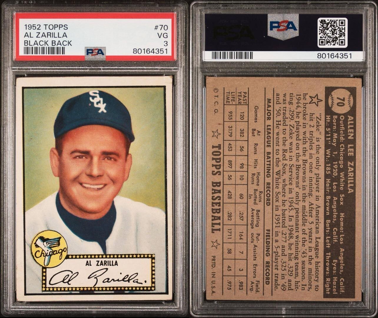 Al Zarilla, Black Back #70 - 1952 Topps - PSA 3 VG