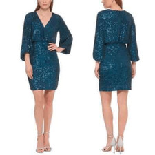 Eliza J Size 4 Statement Sleeve Sequin Cocktail Mini Dress Emerald Green Sparkle