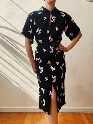 Rare Vintage 1978 Yves Saint Laurent Butterfly Print Silk Shirtdress