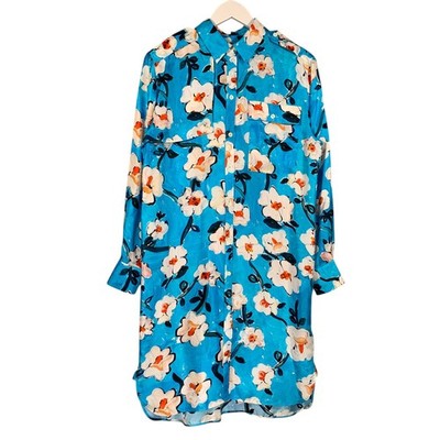 Escada Hemdblusenkleid Seide Gr. UK10 blau Blumen bemalt Blüten Resort 2019 Vogue