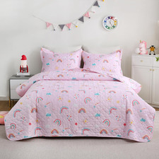 Pink Girls Rainbow Quilt Set Queen Size Kids Bedding Sets Lightweight Summer Bed