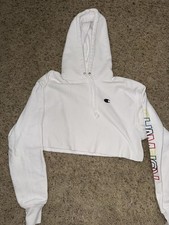 Champion Women's White Y2K Vintage Cropped Reverse Weave Hoodie Size M