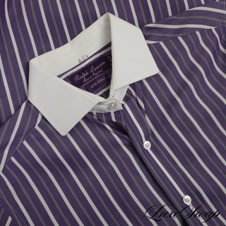 #1 MENSWEAR Ralph Lauren Purple Label Made in England Amethyst Striped Shirt 15