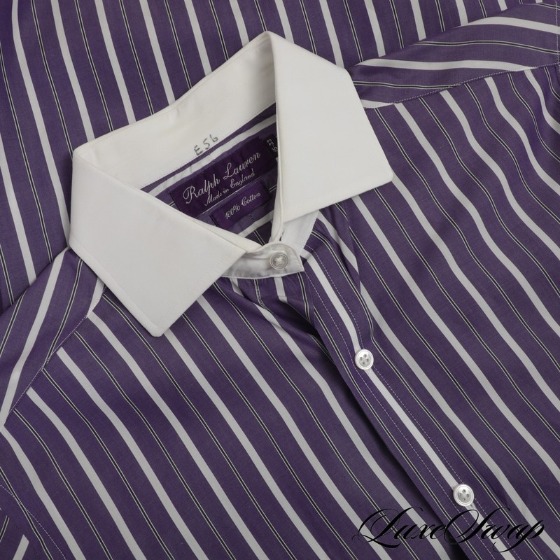 #1 MENSWEAR Ralph Lauren Purple Label Made in England Amethyst Striped Shirt 15
