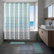 15-Piece Blue Dots Bathroom Set Shower Curtain Bath Rugs Hooks Modern
