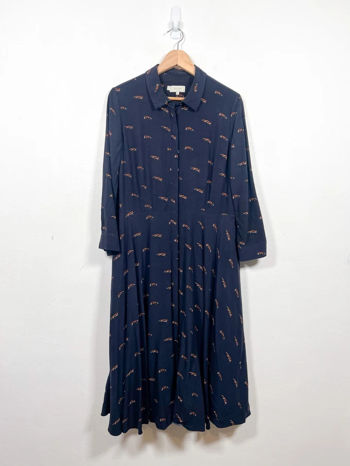 Vestido Hobbs Talla 14 Azul Marino Camisa Lainey Midi Abotonada Estampado de Zorro Ajuste Acampanado Foto 4 de 4