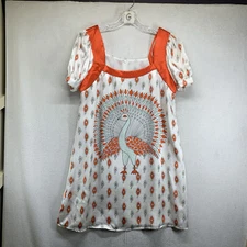 Voom by Joy Han Dress Colorful Peacock Baby Doll Dress Large Silk Lined