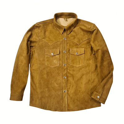 Men's Western Real Goat Suede Tan Brown Leather Snap Button Cowboy Leather Shirt