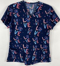 GT Performance Scrub Top Size M Dark Blue Love Peace Hearts Medical Nursing