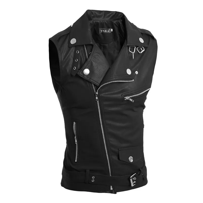 Men's Moto Rider Jackets Faux Leather Vest Stand Collar Zipper Slim Waistcoat