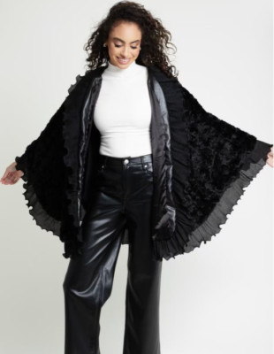 NEW, SAACHI Faux Fur Cape Ruffled in Black One Size  #T1144