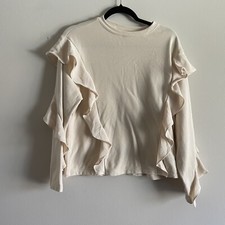 A New Day Women Sz S Ivory Long Sleeve Ruffled Crew Neck Pullover Sweatshirt