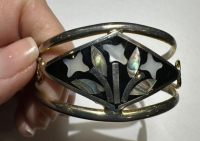 Vintage Alpaca Mexico Silver Abalone MOP Shell Inlay Flowers Cuff