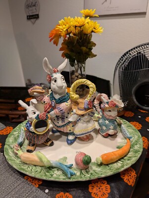 Easter Fitz & Floyd Complete Rabbit Teacup Set Serving Platter Lettuce Plates