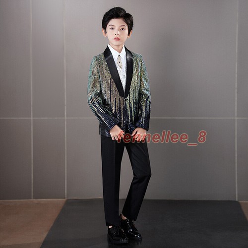 British Children Kid's Boy's Sequins Stage Suits Jacket Coat Pants Evening Party - Picture 2 of 31