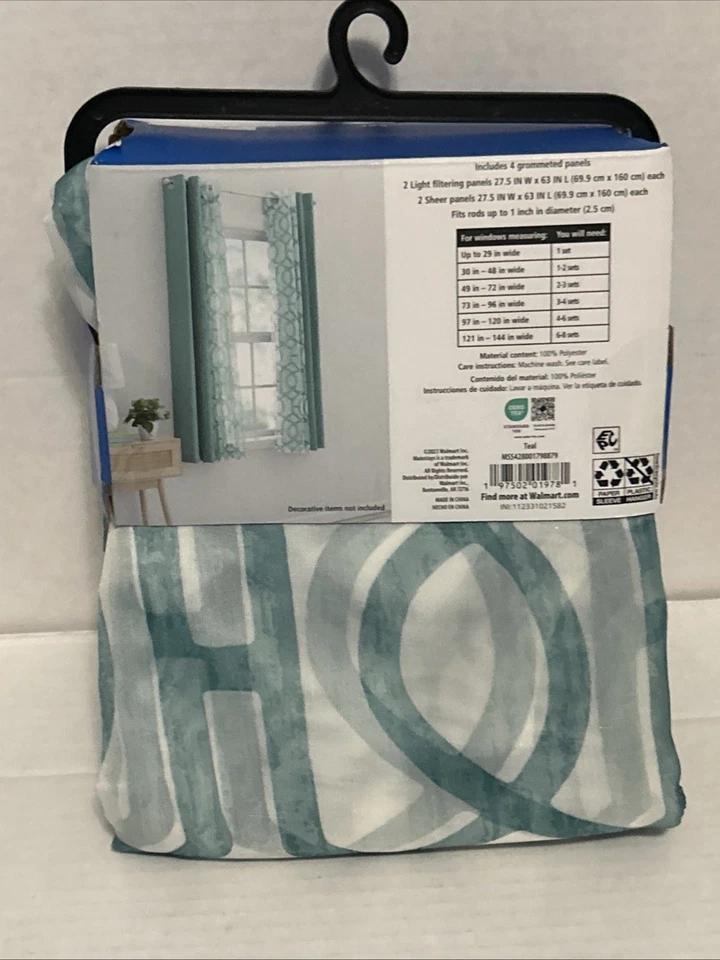 Mainstays 63" Window Curtain Set (4 Pieces) 27.5" x 63" Teal NEW - Image 3 of 4
