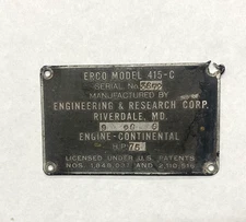 Original Erco Ercoupe 415-C Data Plate, Serial No. 3672, Very Neat