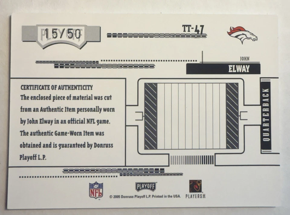 2005 Donruss Playoff Absolute Tools Of The Trade John Elway Auto /50 Game Worn - Image 2 of 2