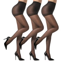 EVERSWE 3 Pairs 20D Women's Sheer Tights Reinforced Toes Black Size M