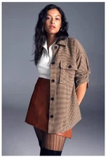 ANTHROPOLOGIE CURRENT AIR Shacket Chore Jacket Sz XL Brown Houndstooth Check