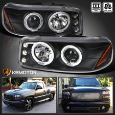 Black Fits 1999-2006 Gmc Sierra Yukon Xl Denali Led Halo Projector Headlights