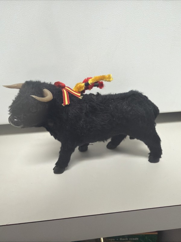 Vintage Spanish Black Bull Toro Souvenir Plush Figurine w/ Banderillas Spain