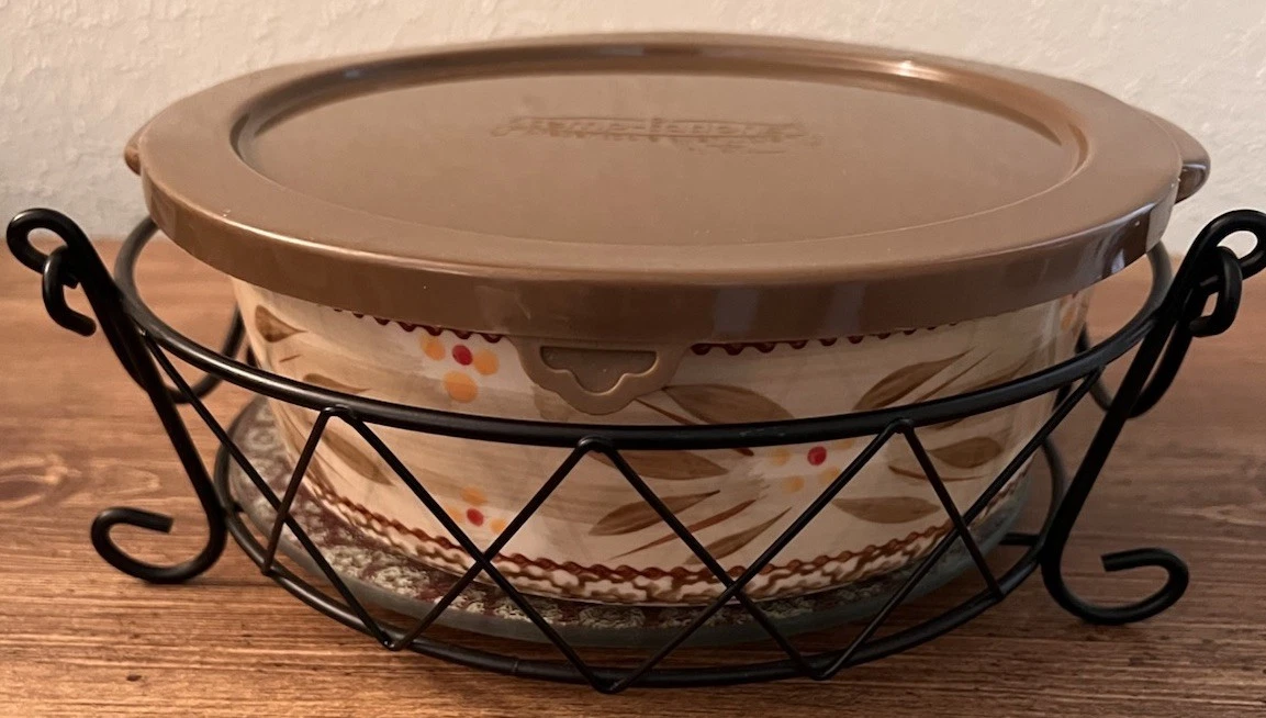 temp-tations old world brown round 1.5 qt casserole with wire carry basket 4 pcs