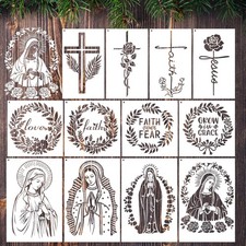 12 PCS Religious Stencils Crafts Reusable Christian Cross Inspirational Wood