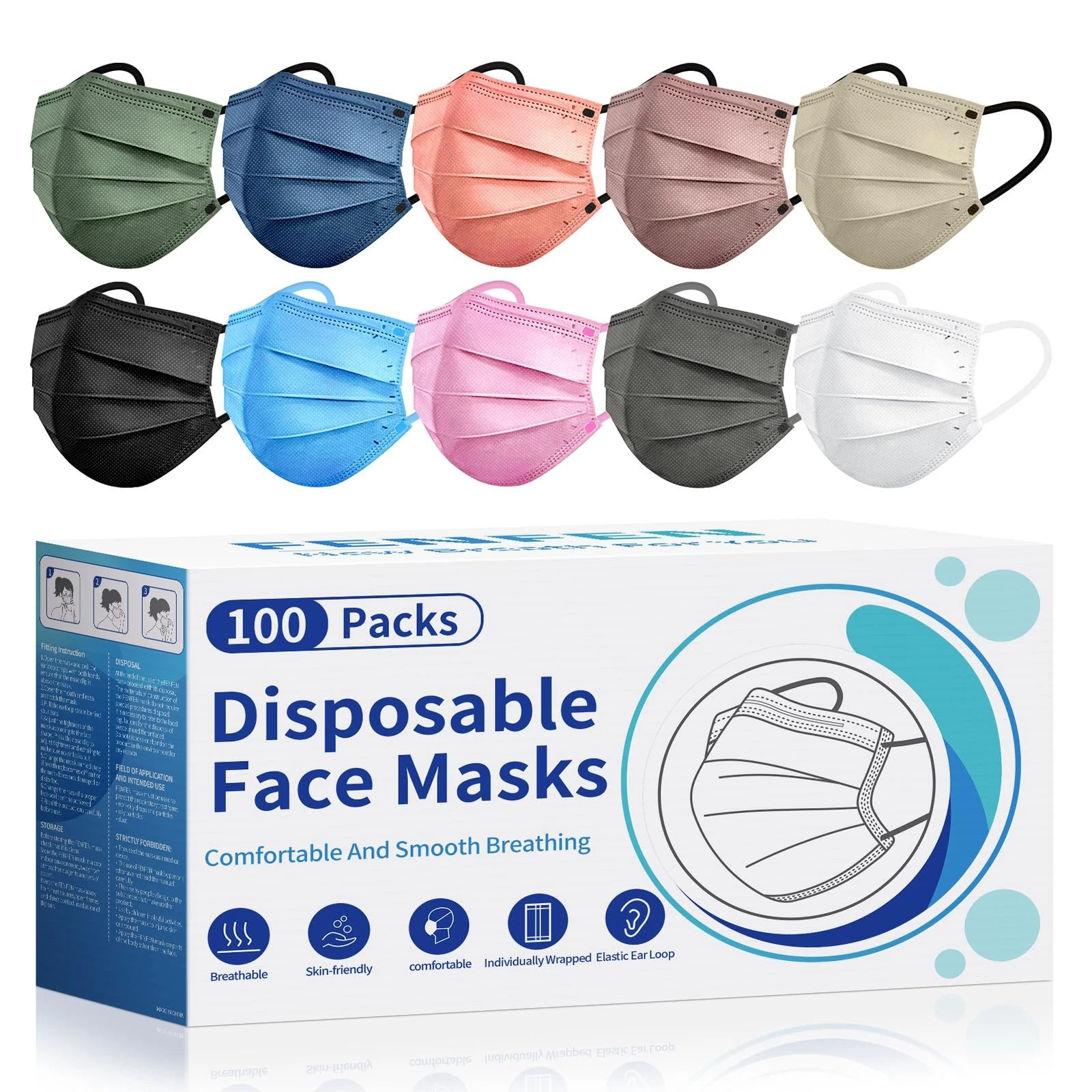 Disposable Masks for Adults - 100 Pack Individually Wrapped, 4 Ply Protection...