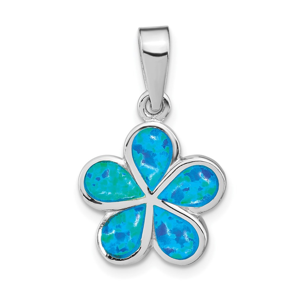 Sterling Silver Rhodium-plated Lab Created Blue Inlay Opal Flower Pendant 2.62gm