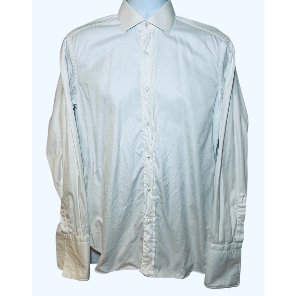 Brioni Bergdorf Goodman Mens 15/38 White Herringbone Dress Shirt Made Italy L/S - Image 2 of 4