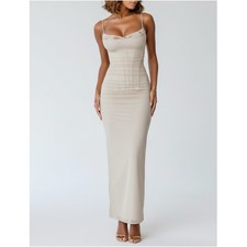 $239 NWT HOUSE OF CB Nalini Mesh Lace Corset Maxi Dress, Sand, L+