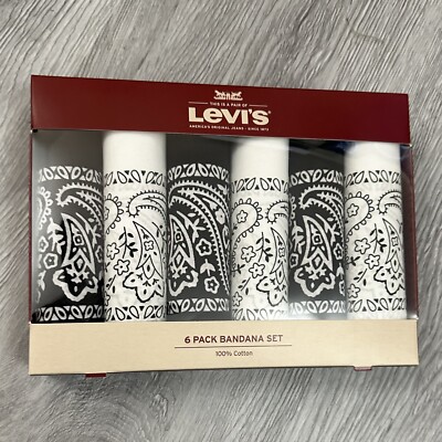 NIB Levi's 6 Pack 100% Cotton Bandana Gift Set 3 Black/3 White Unisex Paisley