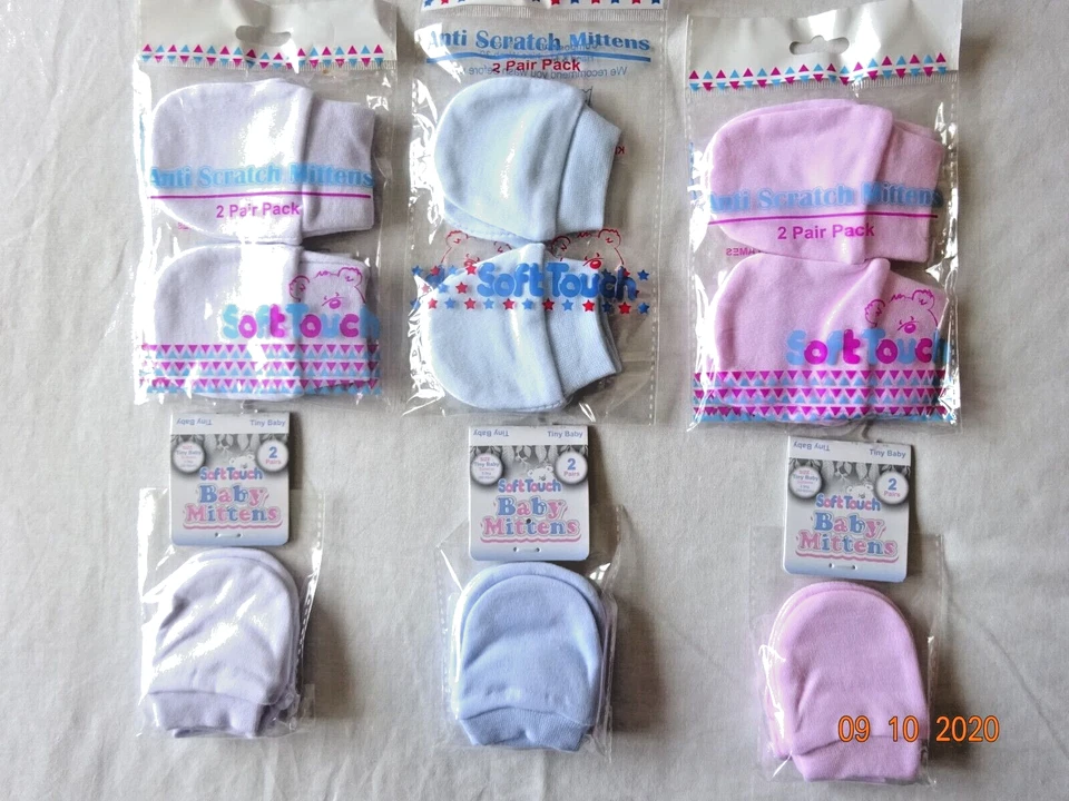 SOFT TOUCH 2 Pairs of Tiny Baby Scratch Mittens Mitts New-born Premature Pink Blue White
