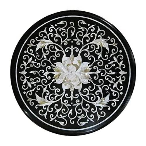12" Round Black Marble Table Top Mother of Pearl Stone Luxury Furniture Decors - Picture 2 of 8