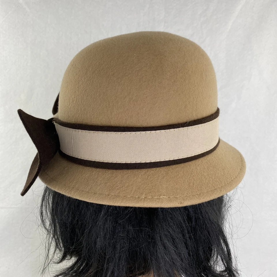 Magid шляпы шерсти Cloche вниз поля шляпа бежевый декоративный двухцветный коричневый бант - Изображение 4 из 4